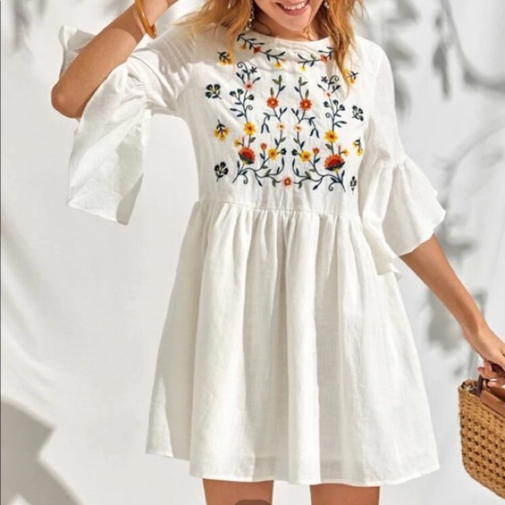 Embroidered White Sundress with Butterfly Sleeves Never Worn from SHEIN